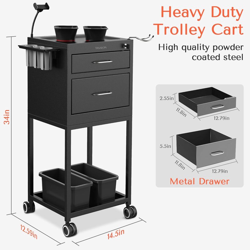 Metal Lockable Salon Cart with Wheels - Rolling Barber Trolley with Drawers & Magnetic Bowls | Mobile Storage for Hair Stylists & Salons