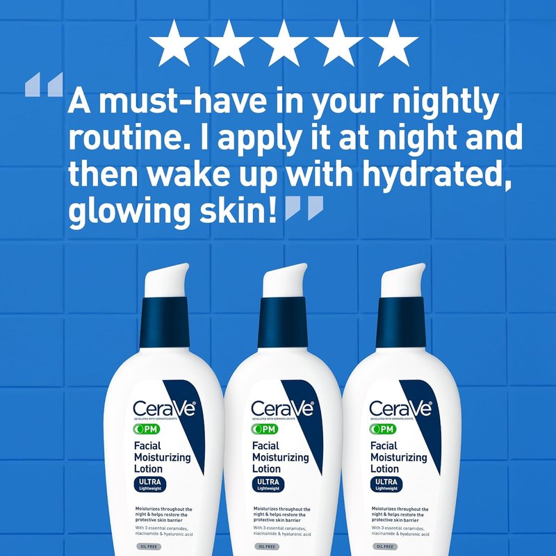 CeraVe PM Facial Moisturizing Lotion - Night Cream with Hyaluronic Acid & Niacinamide | Ultra-Lightweight, Oil-Free, 3 oz
