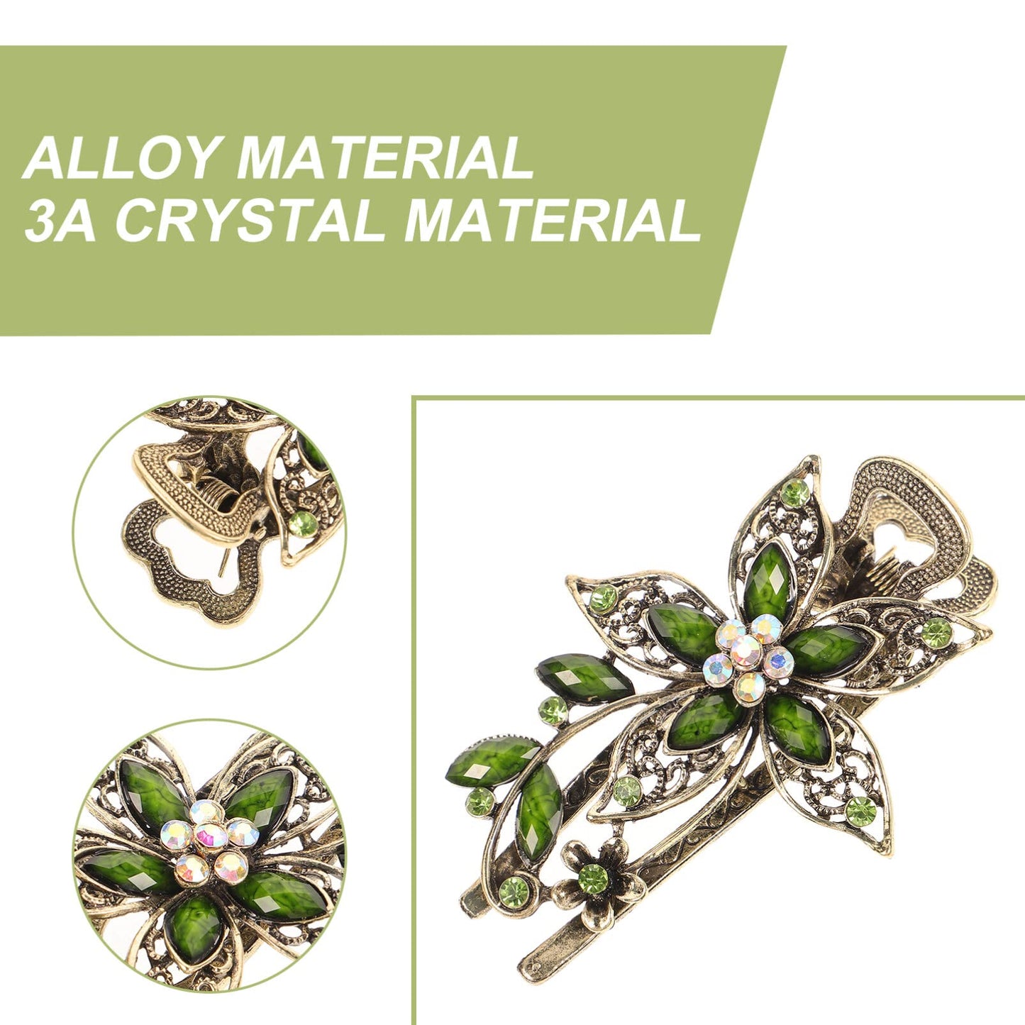 Uonlytech Hair Clip, Green Flower Crystal Hair Clip, Sparkly Glitter Rhinestones Hair Clips French Elegant Hair Barrettes Hair Jewelry for Women Girls