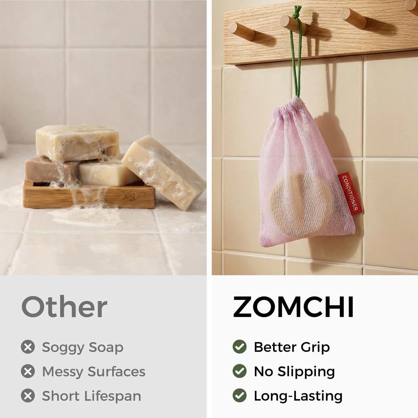 ZOMCHI Foaming Bar Holder for Shower, Mesh Hanging Pouches with Loop, Designed for Body, Shampoo & Conditioner Bars, Color-Labeled Set (3 Pack, Pink)