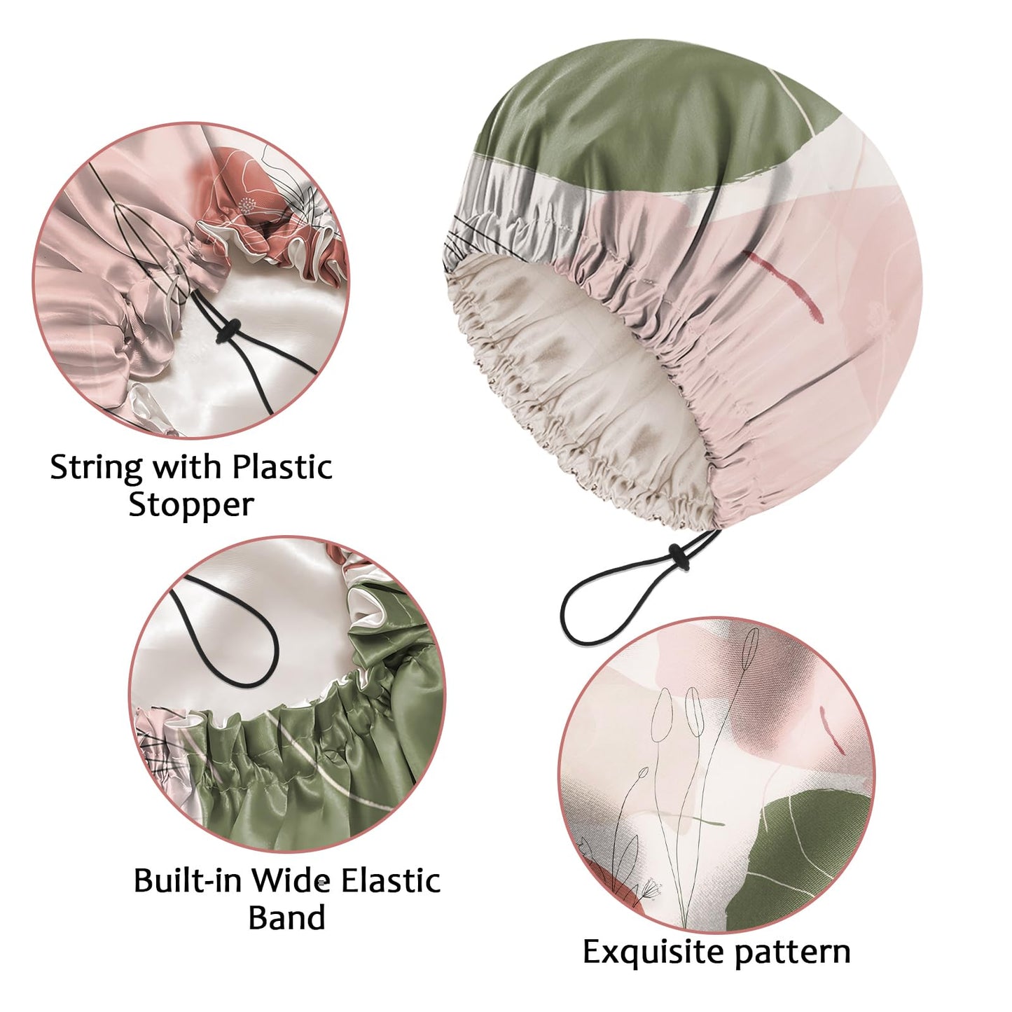 Cabreche Luxury Shower Cap Satin Silk Lined Adjustable Elastic Reusable Waterproof Shower Bath Cap Cute for Women Girls-Color Block