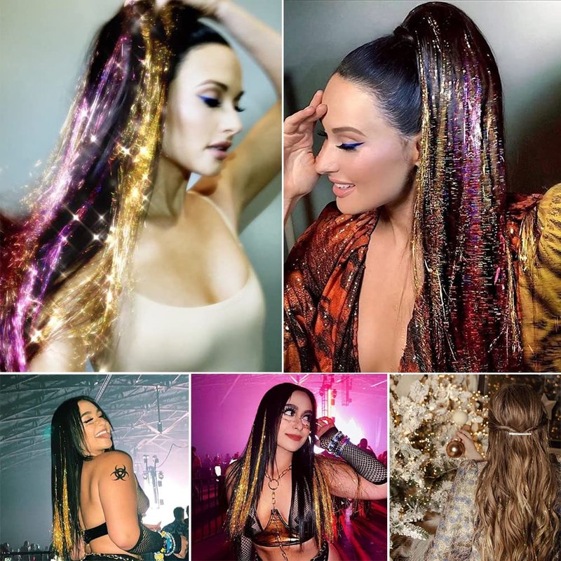 Hair Tinsel Kit, Fairy Hair Tinsel with Tools 48 Inch Hair Tinsel Heat Resistant Glitter Tinsel Hair Extensions