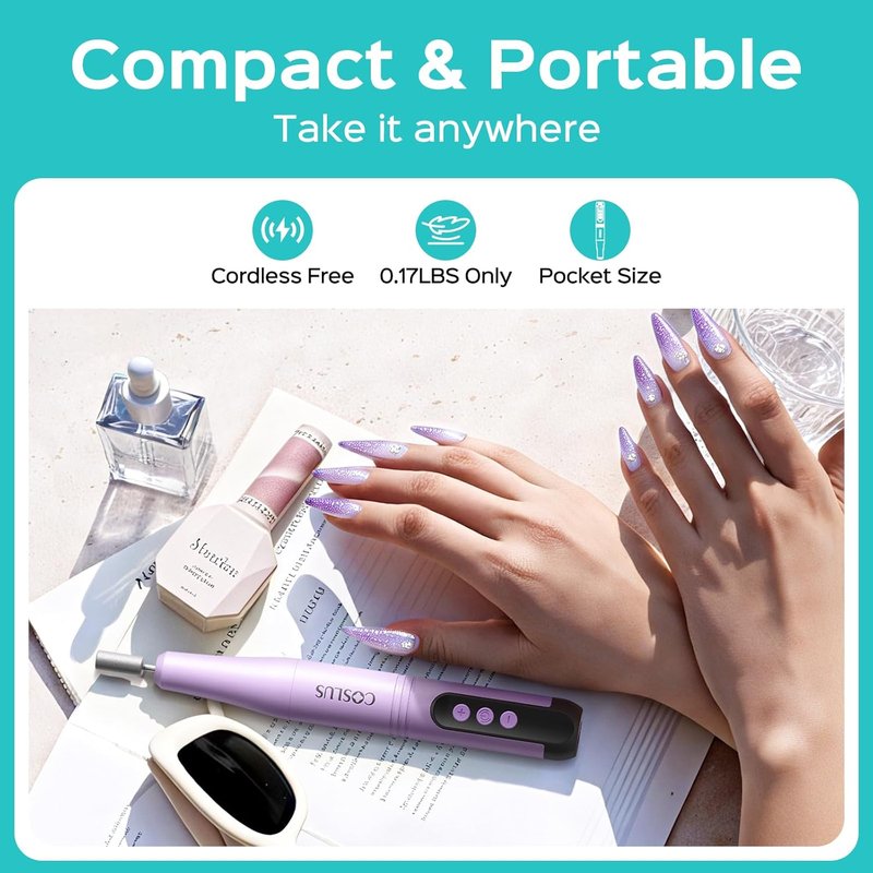 COSLUS C50 Cordless Electric Nail Drill - 12-Speed Professional Nail File with LED Display for Gel Removal & Nail Art | Portable Purple Design