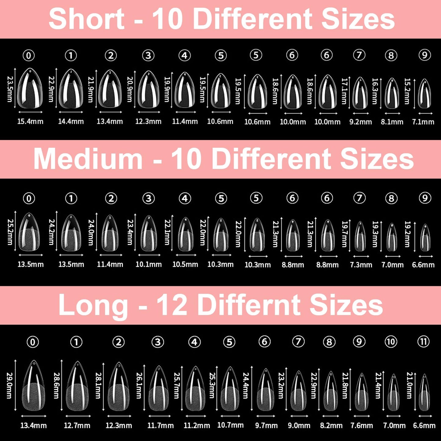 Soft Gel Short/Medium/Long Almond Nail Tips Kit 3 Boxes 360Pcs, Full Cover Pre-etching Acrylic False Nails for Small and Flat Nail Bed Home Manicure Extension DIY Salon Clear Press On Nails, BlueZOO