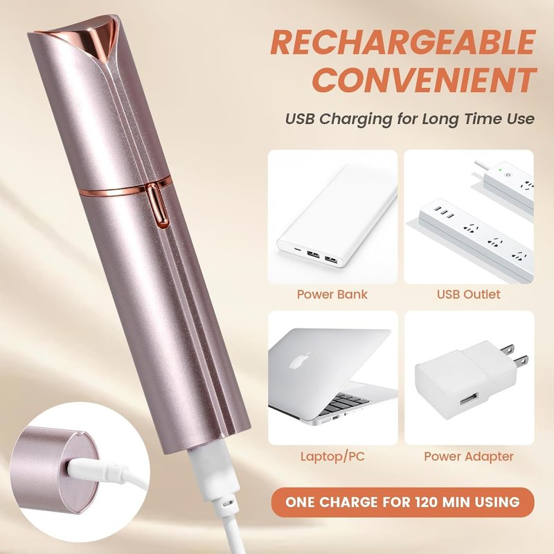 Facial Hair Removal for Women, Portable Painless Hair Remover Device, Rechargeable, with 2 Replacement Heads, for Face, Upper Lip and Chin