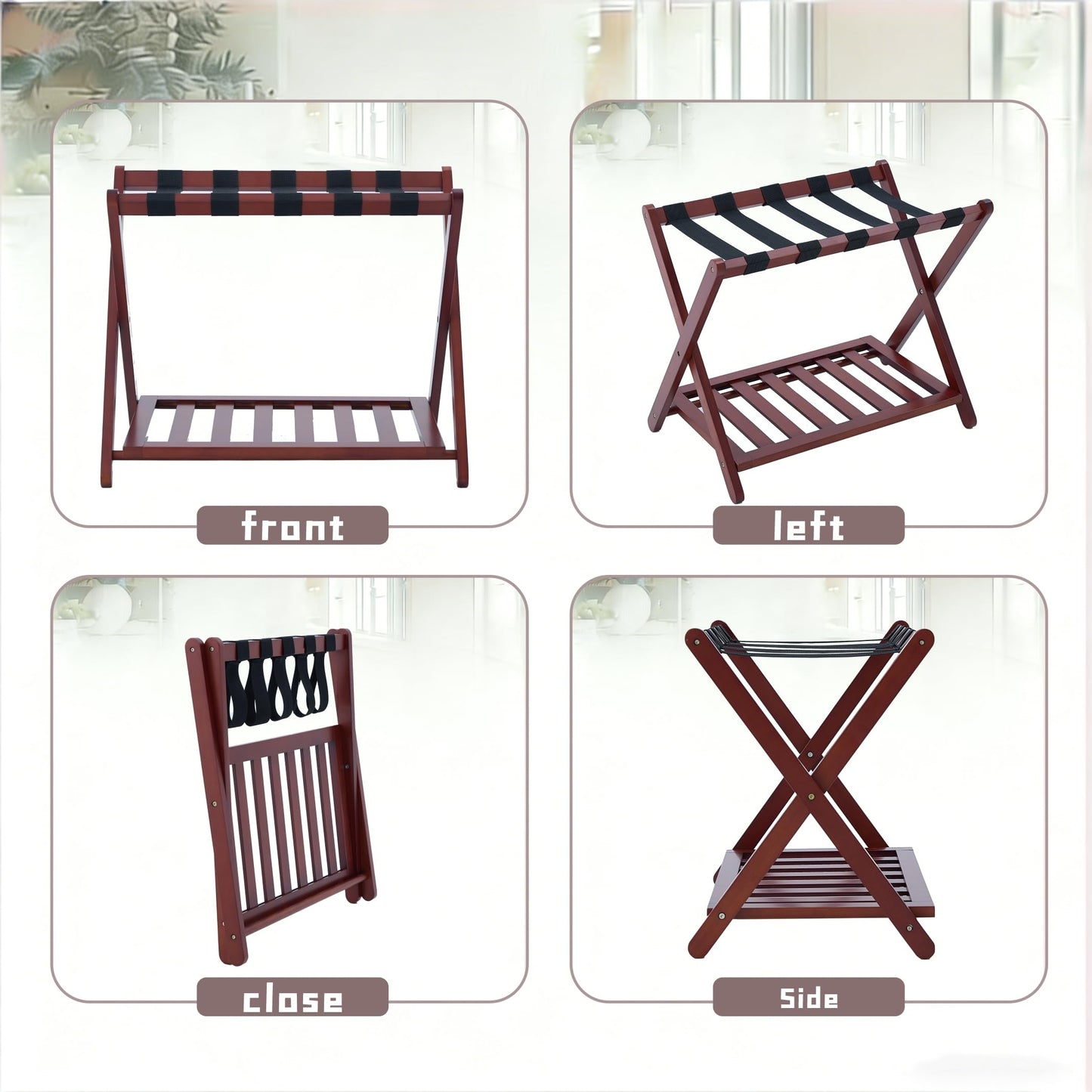 WSLUKVII Full Assembled Luggage Rack with 3-Layer Lacquer, Heavy-Duty Up to 150 lbs, Folding Suitcase Stand with Storage Shelf for Home, Guest Room, Bedroom, Hotel