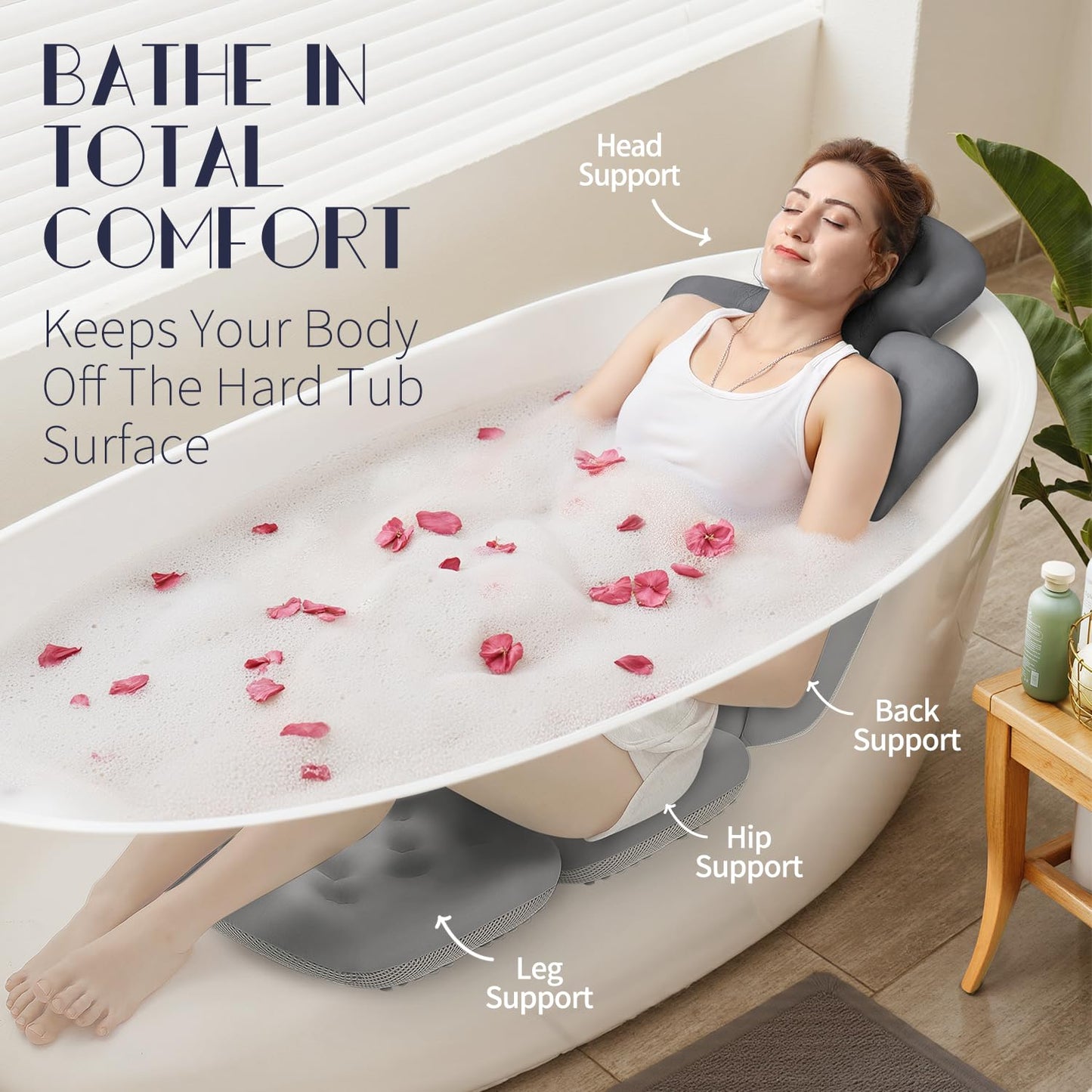 Full Body Bath Pillow for Bathtub, Thick Bathtub Cushion, Luxury Tub Pillow for Bath for Headrest Neck and Back Support Gray 56" x 16"