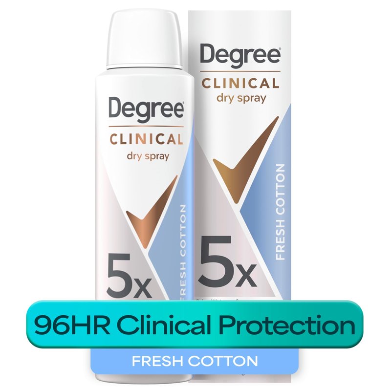 Degree dry spray for 96 Hour sweat and odor protection Fresh Cotton 5X protection 3.8oz