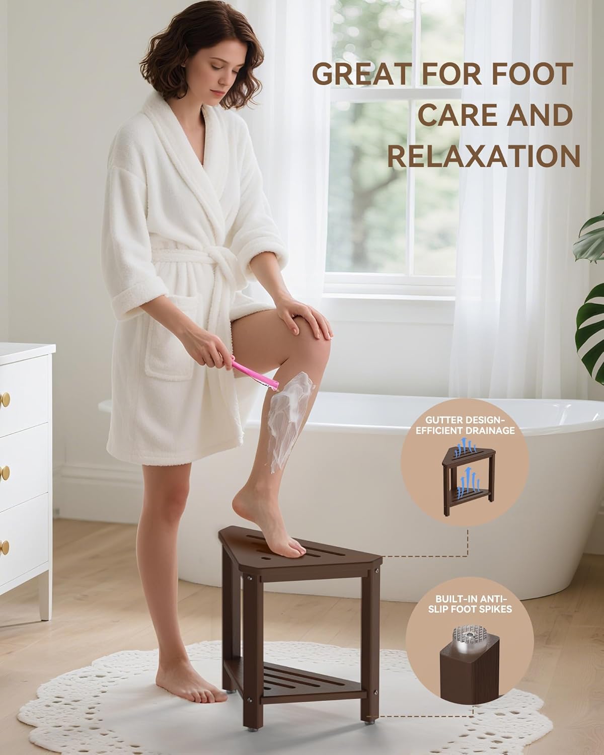Skiennix Shower Foot Rest - 15-Inch Waterproof Shower Stool with Storage Shelf | Brown Corner Bench