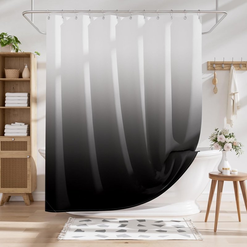 AmazerBath Ombre Black Shower Curtain Set - Washable Fabric with 12 Hooks | 72x72 Inches