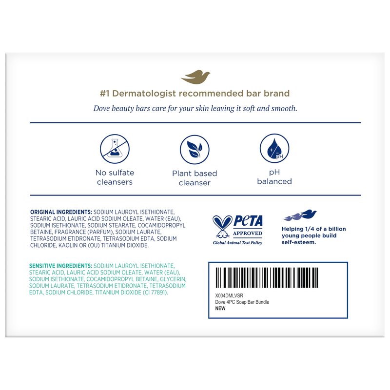 Dove Beauty Bar Soap Variety 4-Pack – Sensitive Skin, Fragrance-Free + Original, with Moisturizing Cream, 2.6 Oz Ea