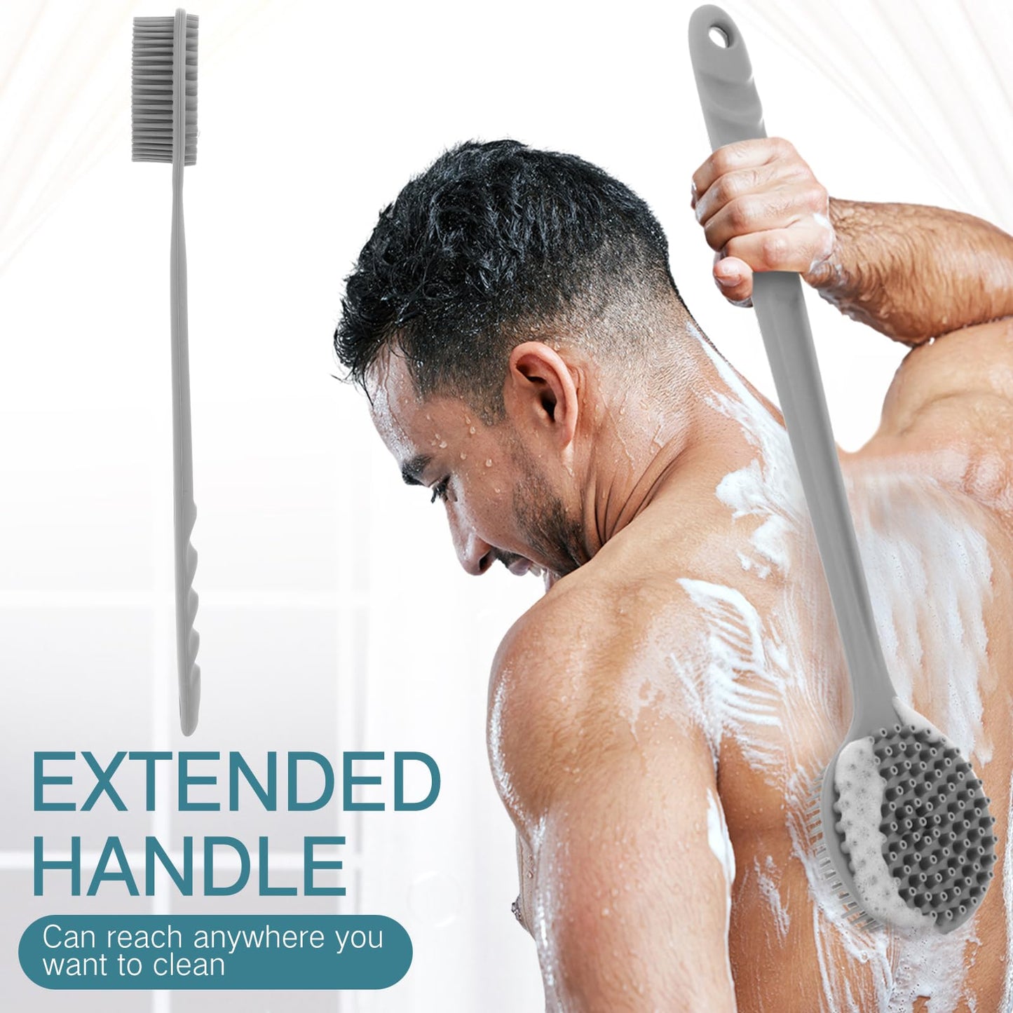 Sunnyray 2 Pack Silicone Back Scrubber for Shower with 15" Long Handle Double-Sided Bath Body Brush for Exfoliating Easy to Clean Quick Dry Deep Cleaning Lathers Well(Grey)