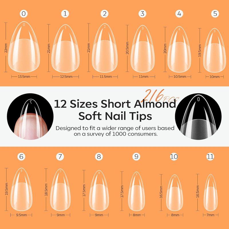 Short Almond Nail Tips - Pre-shaped Soft Gel Fake Nails | 216PCS Full Cover Press-On Extension Kit for DIY Manicure