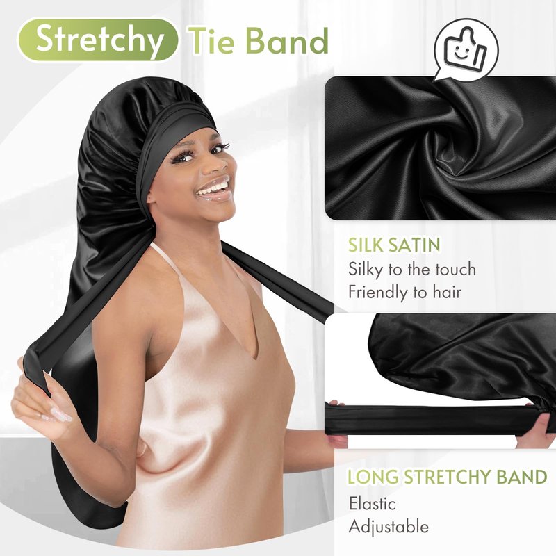 BONNET QUEEN Braid Bonnet Silk Bonnet Foldable Extra Long Wrap for Braids Satin Bonnets with Tie Band Long Sleep Cap, Black
