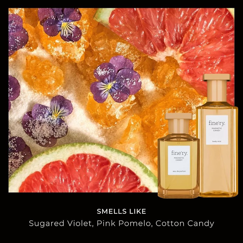 Fine'ry Citrus Gourmand Eau de Parfum – Magnetic Candy Long-Lasting Perfume for Girls & Women - Sugared Violet, Pink Pomelo, Cotton Candy - Full Size, Sweet Hair & Body Fragrance, Gift for Her (60mL)
