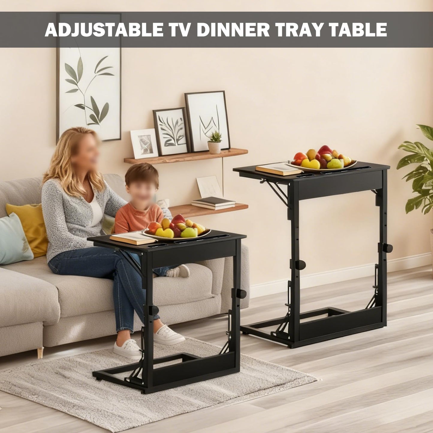 Folding TV Tray Table,TV Dinner Tray Table,Adjustable Height TV Trays for Eating on Couch,C Shaped End Table with Tablet and Phone Slots,Foldable Side Table&Laptop Desk for Sofa&Bedside&Recliner