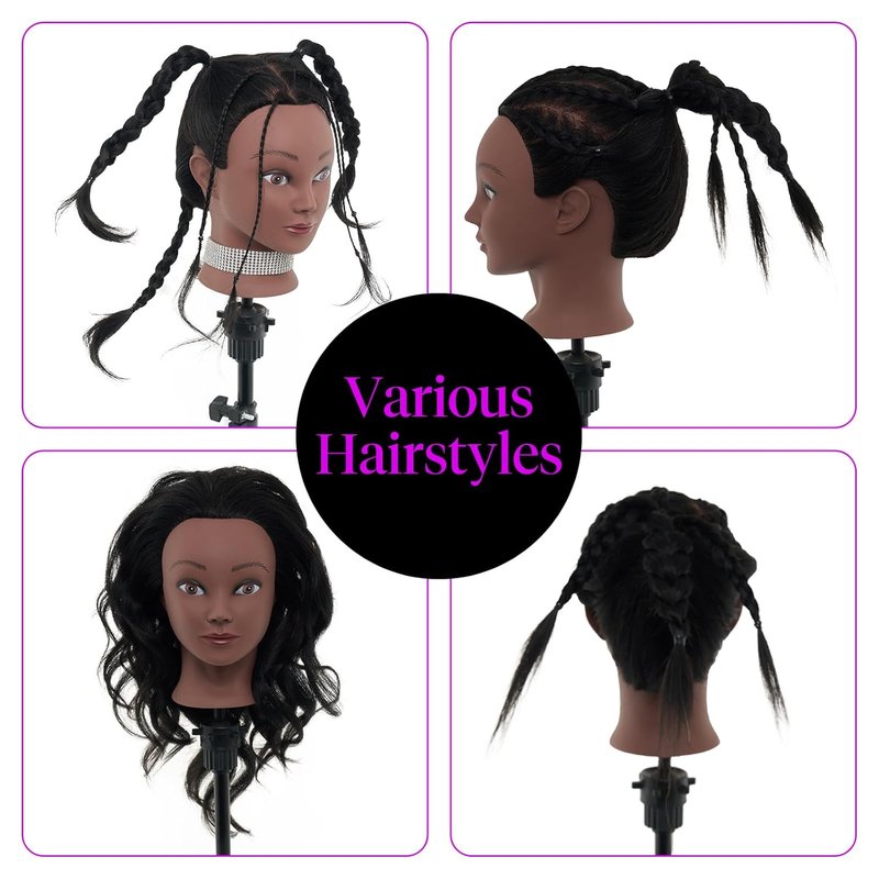 Real Hair Mannequin Head - 18” Human Hair Cosmetology Training Doll for Styling, Dying & Braiding | Black