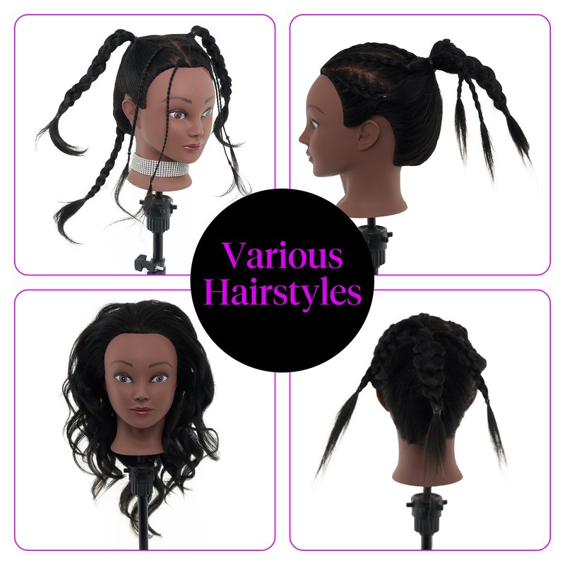 100% Mannequin Head Human Hair,18" Real Hair Mannequin Head,Cosmetology Manikin Doll Head for Hair Styling,Practice Dying, Braiding Curling Training Head with Table Clamp,Black
