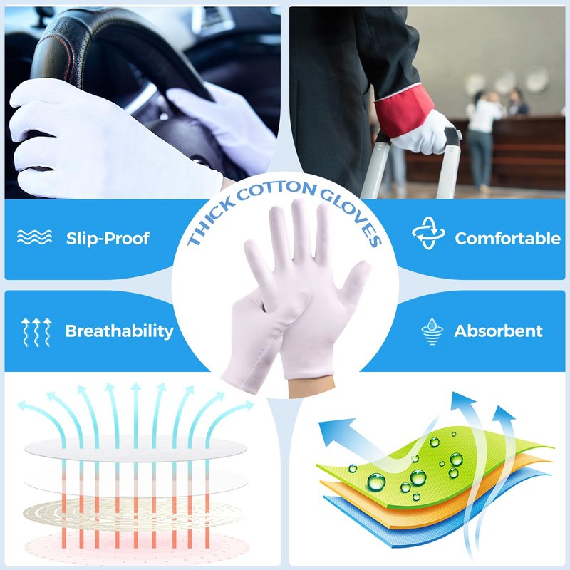 3 Pairs Cotton Gloves for Dry Hands Sleeping, Soft Moisturizing Eczema Gloves Overnight, Stretchable White Gloves Women & Men for Coin Jewelry Silver Inspection Halloween Costume