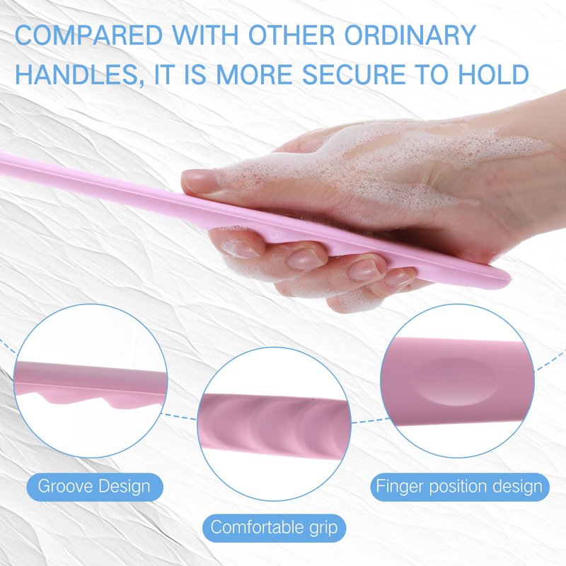 Sunnyray 2 Pack Silicone Back Scrubber for Shower with 15" Long Handle Double-Sided Bath Body Brush for Exfoliating Easy to Clean Quick Dry Deep Cleaning Lathers Well(Pink,Nordic Blue)