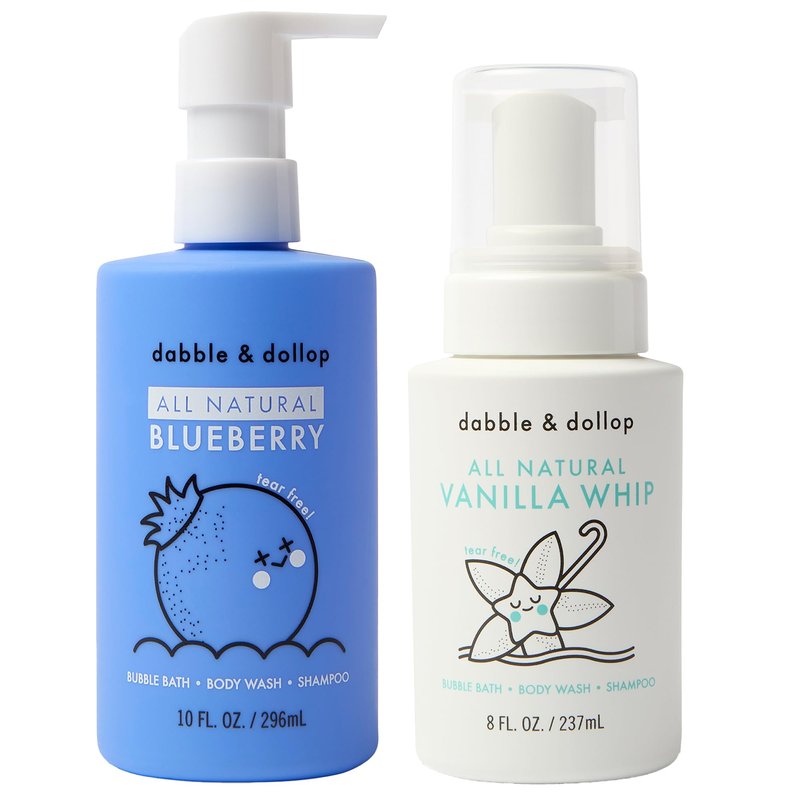 Dabble & Dollop Blueberry + Vanilla Kids 3-in-1 Body Wash, Shampoo & Bubble Bath Bundle – Gel + Foam Whip Set, Tear-Free, Gentle, Natural-Origin, Hypoallergenic and Safe for Sensitive Skin (Pack of 2)
