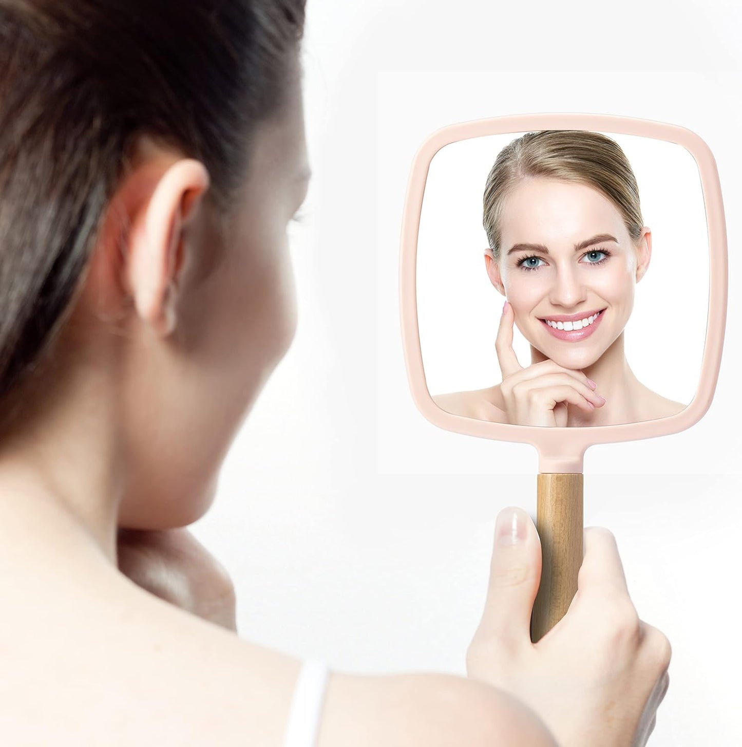 YEAKE Hand Held Mirror with Handle for Makeup,Small Cute Wood Hand Mirror for Shaving with Hole Hanging Single-Sided Portable Travel Vanity Mirror for Men&Women(Square,Pink,1Pack)