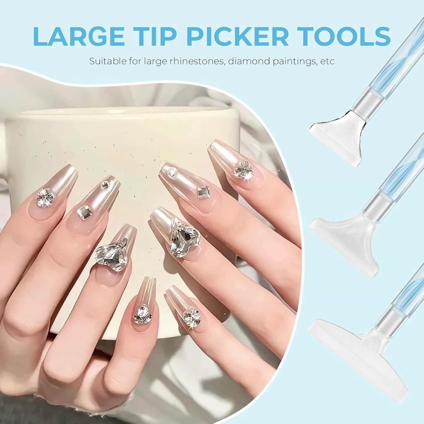 Skiennix Rhinestone Picker Tool Kit - Dual-Ended Applicator with 12 Replacement Tips | Perfect for DIY Nail Art (Blue)