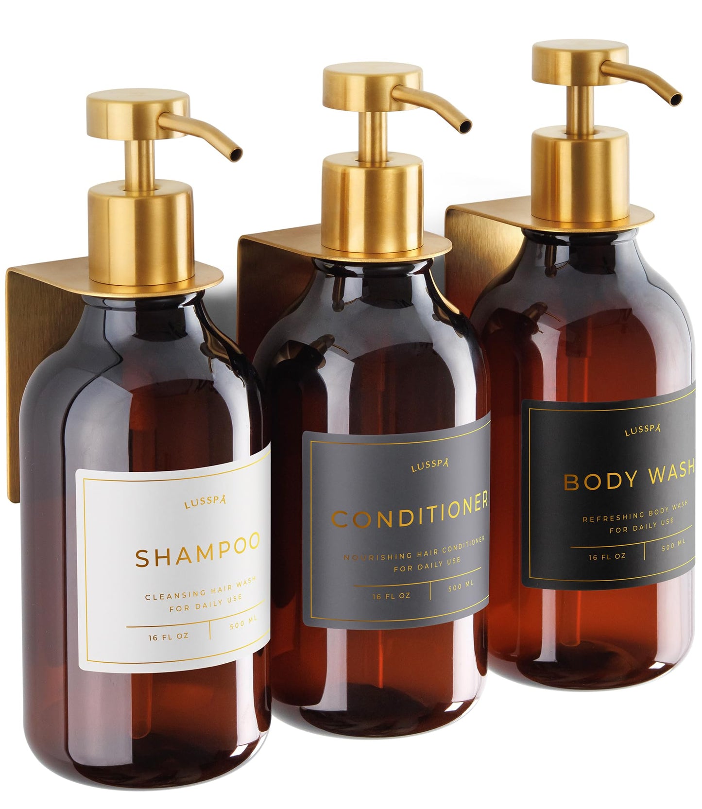 Shower Shampoo Dispenser Wall Mounted – 3 Refillable 16.9 oz Amber Bottles with Stainless Steel Pumps & No-Drill Adhesive Holders – Soap Dispenser Set for Bathroom (3 X Amber/Gold)