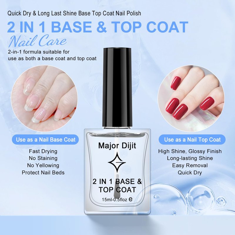 Major Dijit Clear Base & Top Coat 2-in-1 Nail Polish – Quick Dry, Long-Lasting, High Gloss Protective Formula – 0.5 Fl Oz