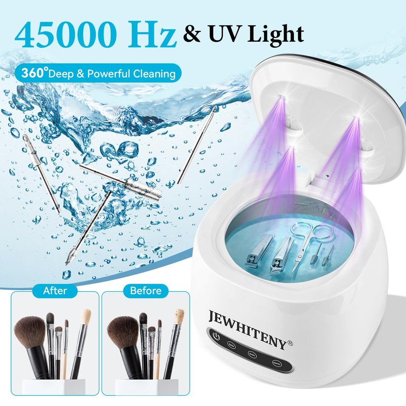 JEWHITENY 2 in 1 Rechargeable Nail Tool Cleaning Machine:3 Timers Mode for Nail Drill Bits,Automatic U V Light & 45k Hz Deep Cleaner,Nail Art Brush, Nail Clipper, Jewelry Cleaning, Salon & Home Use