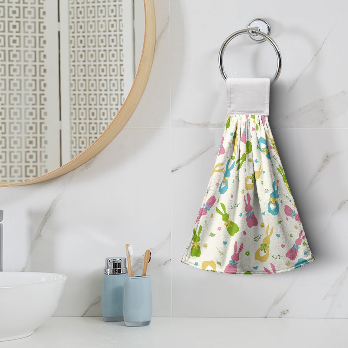 Kwlegh Easter Cute Bunny Hanging Towels Set of 2 Colorful Bunnies Bow Tie Hand Towels Seasonal Spring Holiday Kitchen Towels with Hanging Loop Soft Absorbent Fast Drying Bath Towel for Bathroom