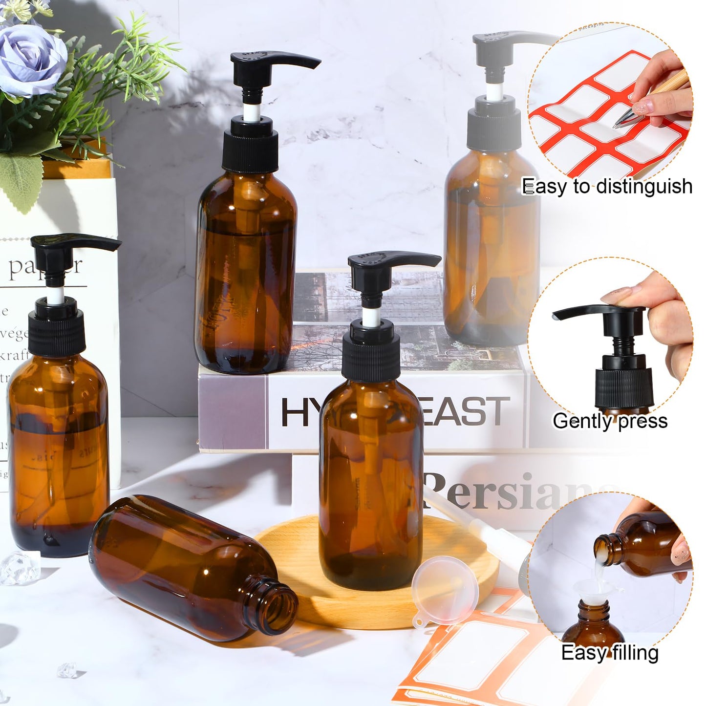 Tanlade 12 Pcs Glass Pump Bottle Dispenser 4 oz Travel Bottles with Pump Refillable Glass Containers for Toiletries Lotion Liquid Soap Shampoo Essential Oils Cosmetic Travel Accessories(Amber)