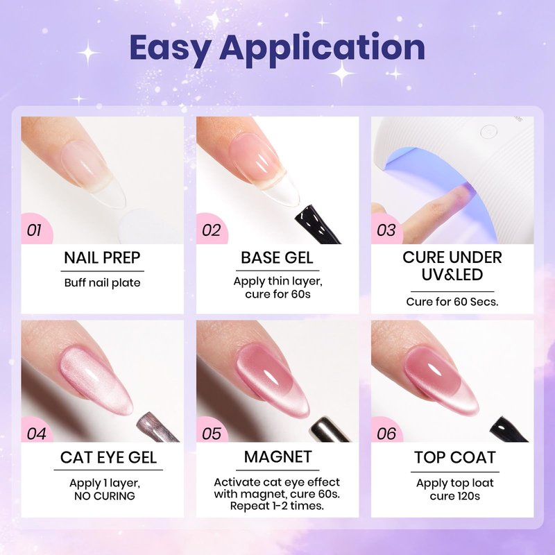 Beetles Romantic Galaxy Cat Eye Gel Nail Polish Set - 6 Colors Glitter Gel Polish Kit Pink Blue Purple Red Green Velvet Gel Magnet Soak Off UV French Nail Art Manicure Spring Summer Gift for Women