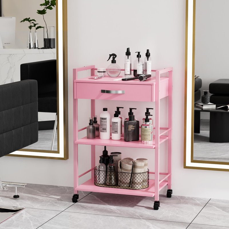 Salon Trolley Cart for Beauty SPA, Wooden Rolling Storage Station, Mobile Utility Cabinet with 1 Drawer 2 Trays, Medical Esthetic Supply Holder for Massage Tattoo Facials, Pink
