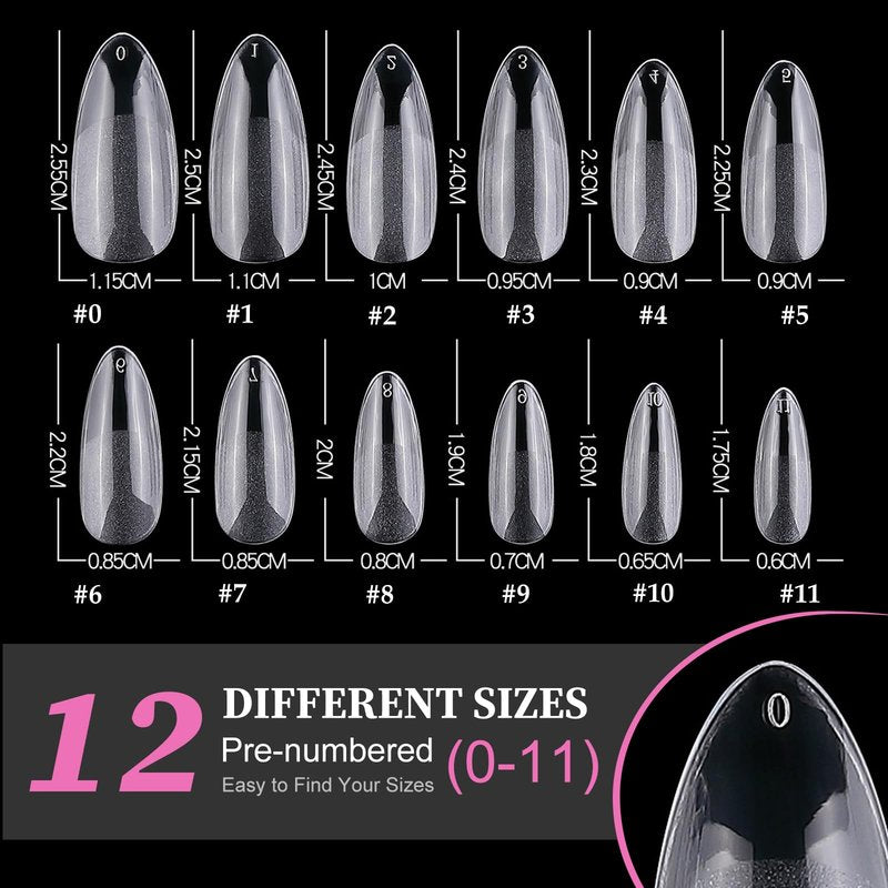 AddFavor 600pcs Almond Nail Tips Medium Fake Nails - Soft Gel Nail Tips Almond Shape Clear Acrylic Nails Tips for Nail Extensions, 12 Sizes Gel Nails Press ons Manicure Salon Home DIY