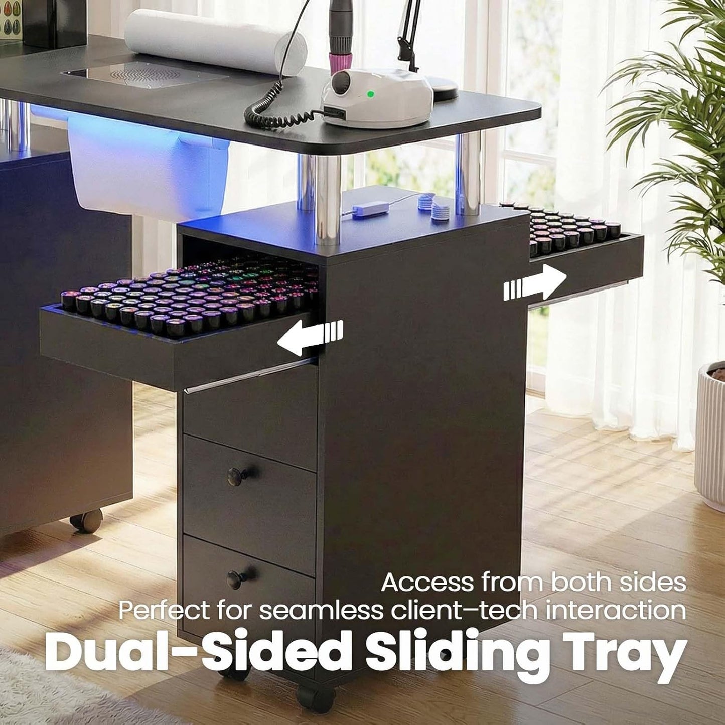 Skiennix Nail Tech Table - Rolling Manicure Desk with Dust Collector & LED Light | Acetone-Resistant, Black