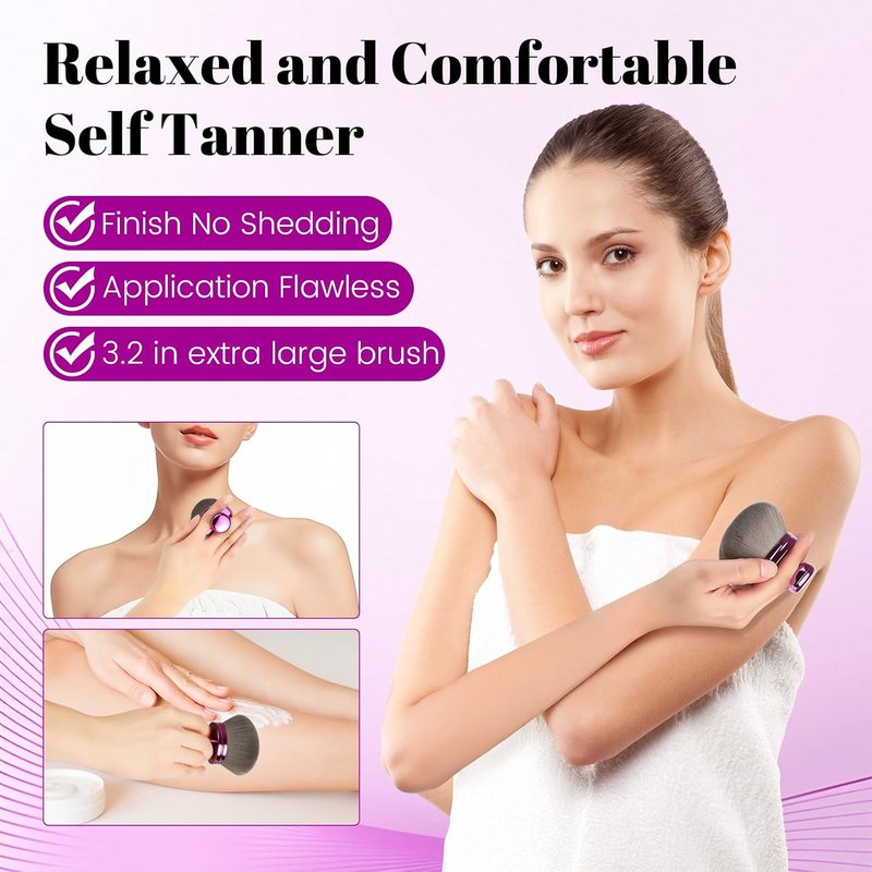 Extra Large Body Makeup Brush For Self Tanner,Makeup Brush For Self Tanner Face Leg,Self Tan Back Applicator,3.2in Sphere Kabuki Brush For Bronzers Blend Self Tanning with Drawstring Bag Purple Vegan