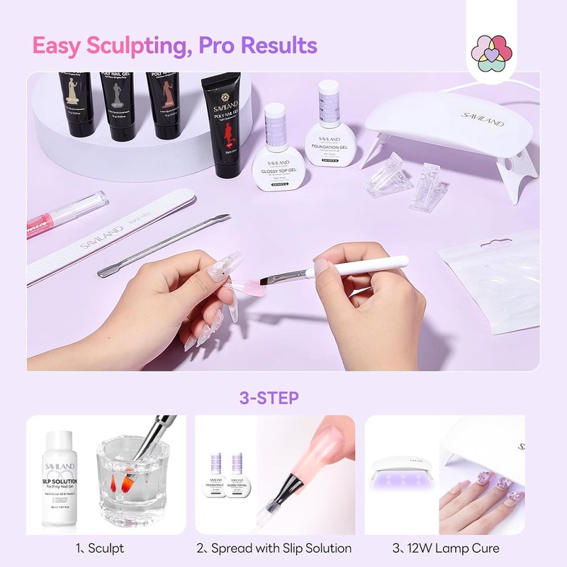 SAVILAND Poly Extension Gel Nail Kit - 15 Hema-Free Colors | Long-Lasting UV Light & Slip Solution for DIY Nail Art