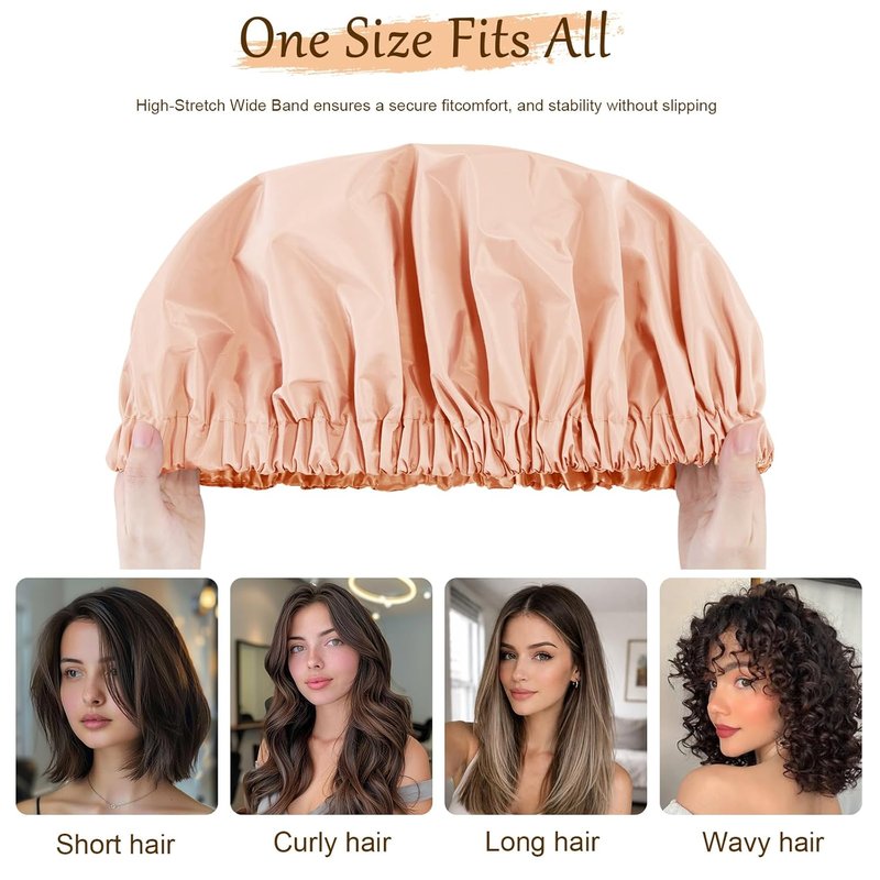 Shower Cap for Women, Reusable Waterproof Shower Cap Satin Lined with Soft Elastic Band, Large Washable Bath Caps(Apricot Pink)