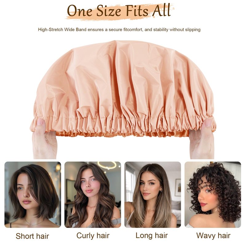 Doitory Shower Cap for Women, Reusable Waterproof Shower Cap Satin Lined with Soft Elastic Band, Large Washable Bath Caps(Apricot Pink)