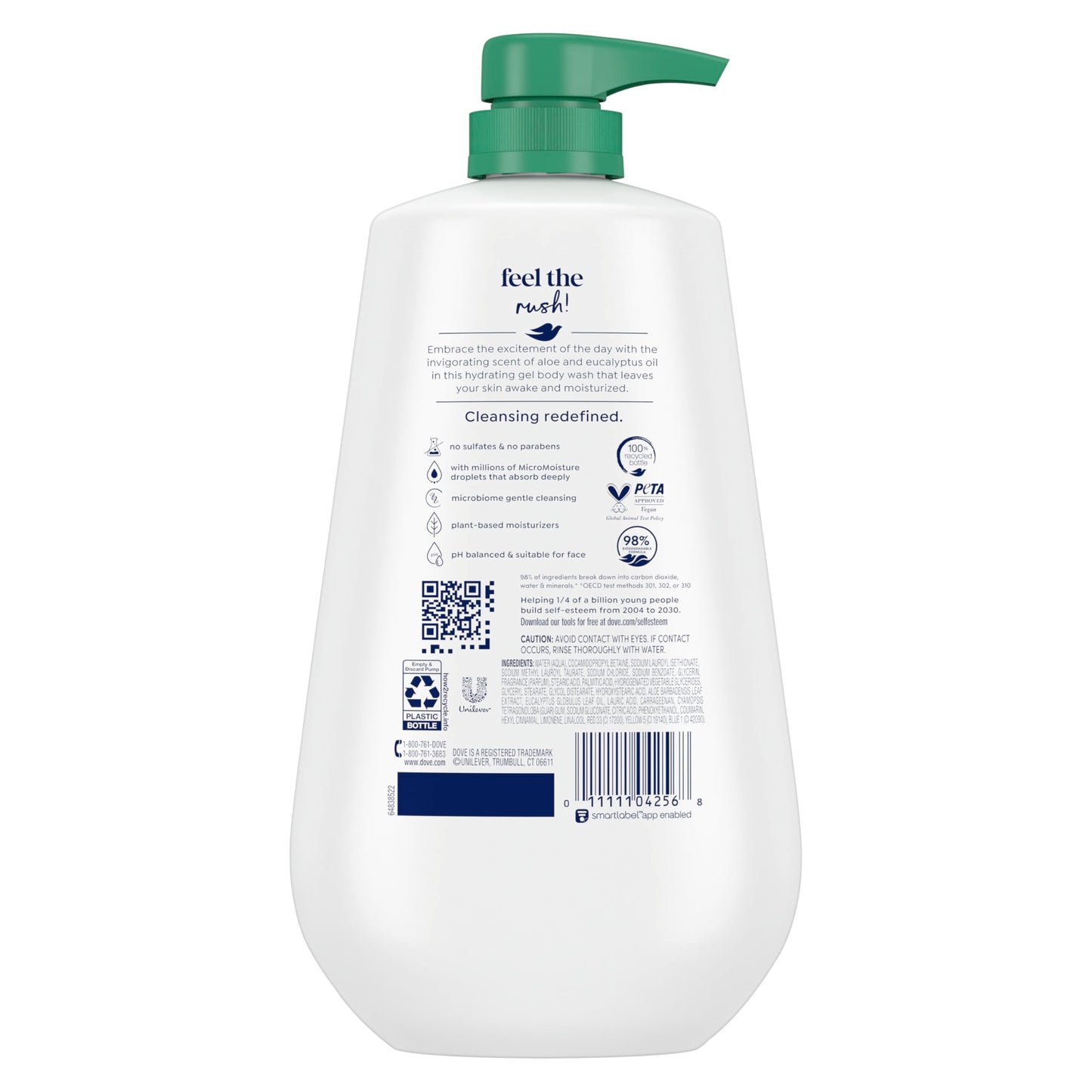 Dove Body Wash with Pump Invigorate Aloe & Eucalyptus For 24hr Lotion-Soft Skin Moisturizing Skin Cleanser with No Sulfates No Parabens 30.6 Oz