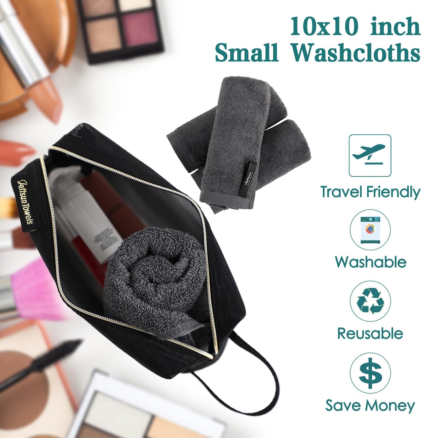 Wash Cloths 6 Pack, Super Soft & Skin Friendly Face Towel for Sensitive Skin, Reusable Washable Makeup Remover Cloth, 10x10 inch Small Baby Washcloths, Easy to Rinse Dark Grey Facial Cleaning Cloth