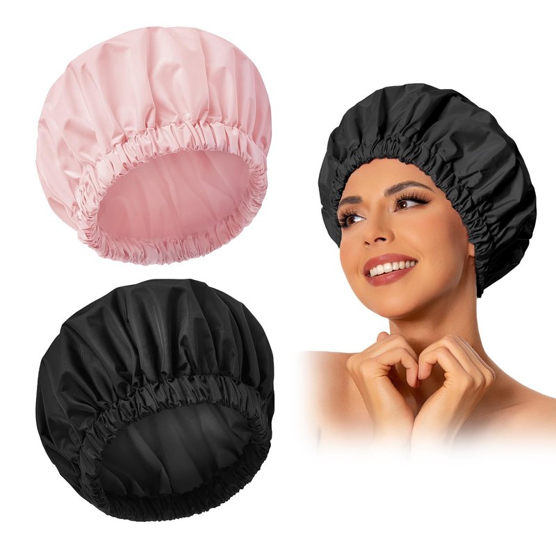 Reusable Shower Cap for Women, Large Waterproof Shower Bonnet with Elastic Band, Washable Bath Hair Cap for Long, Curly Hair, Braids, Daily Shower, Home Spa, Travel(Pink&Black)