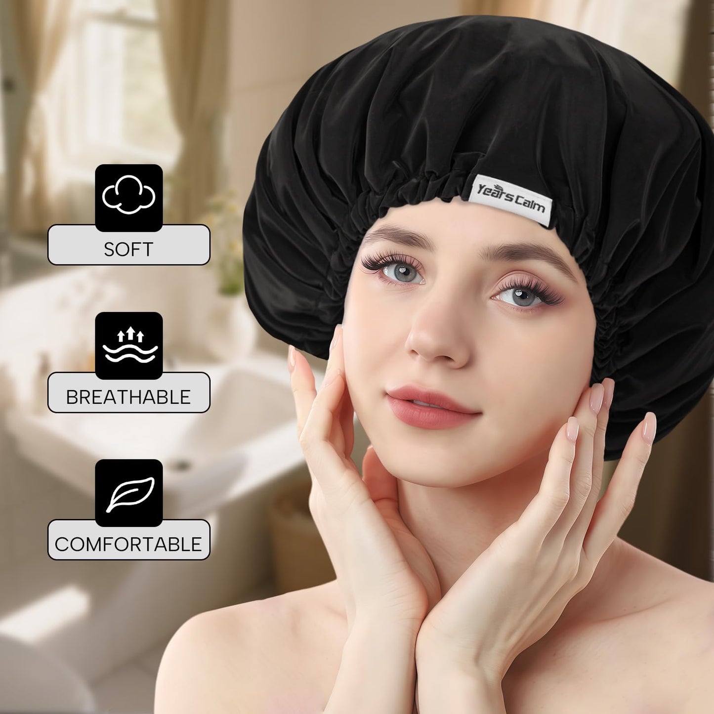 Years calm Shower Cap Reusable Waterproof, Double-Layer Hair Cap for Women, with Elastic Band, Ideal for Shower, Spa, Travel & Cleaning (black, One Size)
