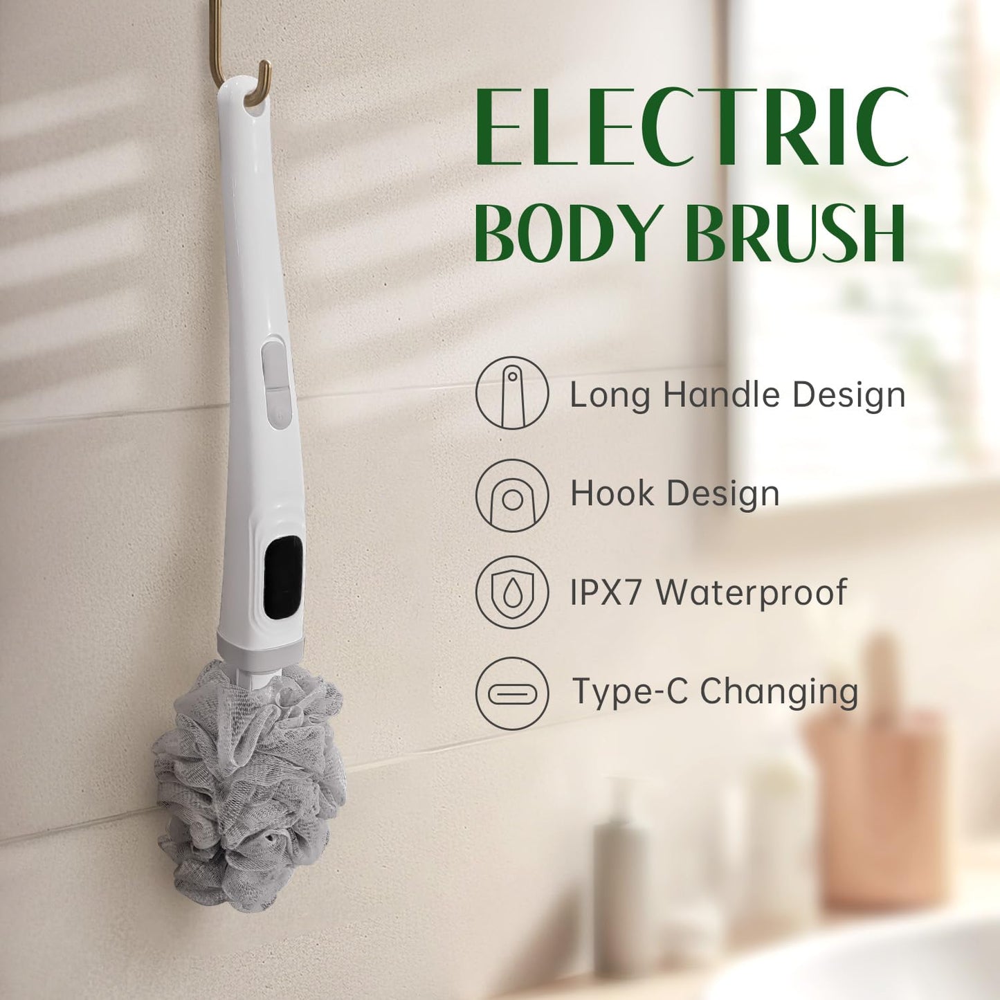 Pecait Electric Body Brush, African Bath Sponge Back Scrubber for Shower, IPX7 Waterproof Dual-Speed Control Bath Brush with 3 Interchangeable Heads, for Cleansing, Exfoliating and Massaging Skin