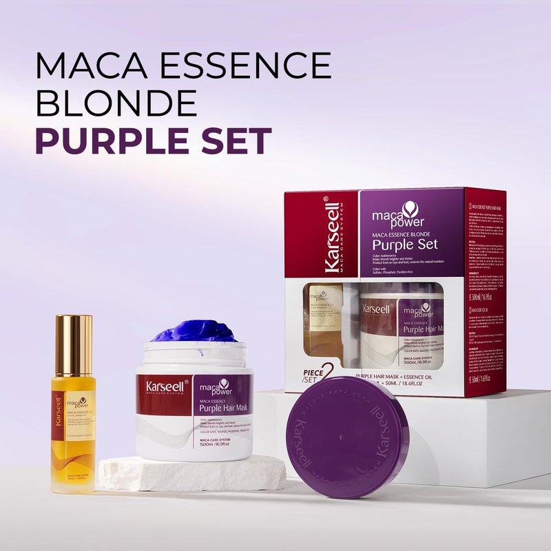 Karseell Purple Hair Mask and Argan Oil Set for Blonde, Silver and Gray Hair, Brass Toning Deep Conditioner for Color-Treated, Bleached or Highlighted Hair, 16.9 oz and 1.69 oz
