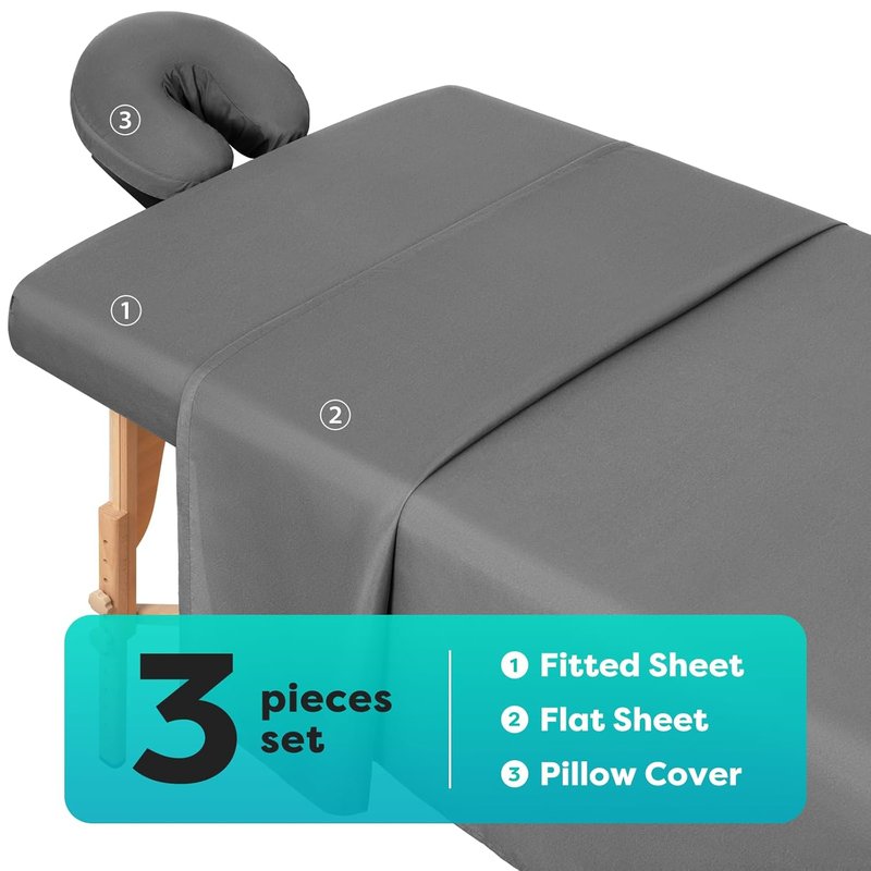 Massage Table Sheets Set - 3 Pcs Microfiber Covers | Soft, Lightweight, Stain & Wrinkle Resistant - Gray