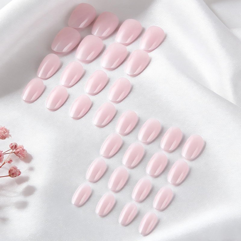 Pink Ombre Press On Nails Short Almond Fake Nails Glossy Full Cover White French Tip Stick On Nail for Women Manicure 32Pcs