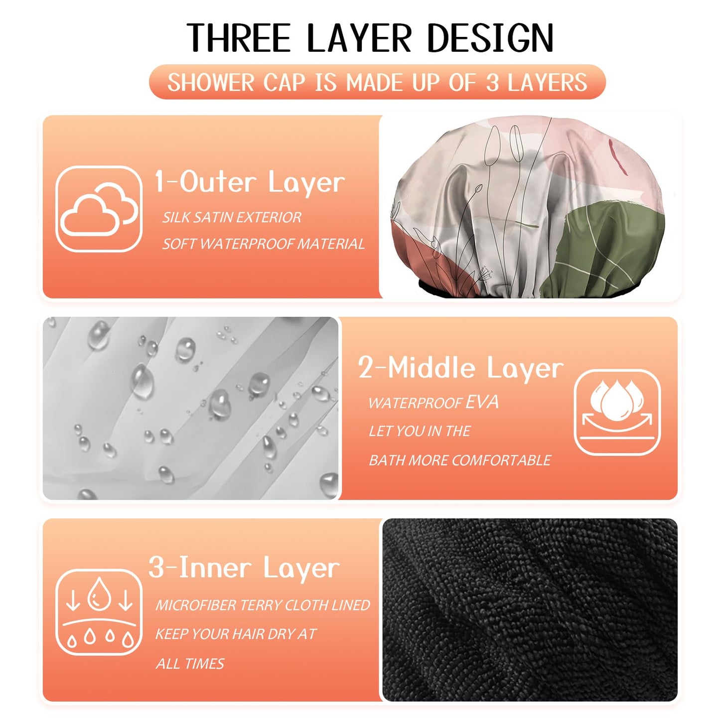 Cabreche Luxury Shower Cap Terry Lined Reusable Triple Layer Waterproof Hair Elastic Caps Shower Bath Hat for Women Girls Cute Aesthetic-Color Block