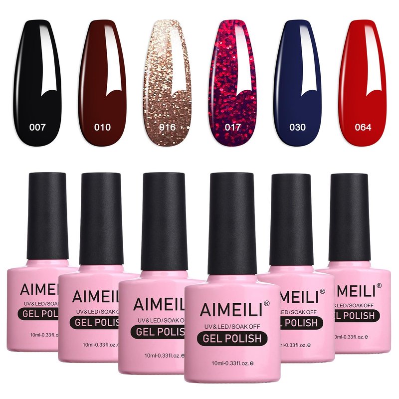 AIMEILI Hema Free Gel Nail Polish, Cruelty Free, Vegan, Soak Off U V LED Nail Lacquer, Black Wine Red Blue Glitter Color Gel Set Of 6pcs X 10ml - Kit Set 21